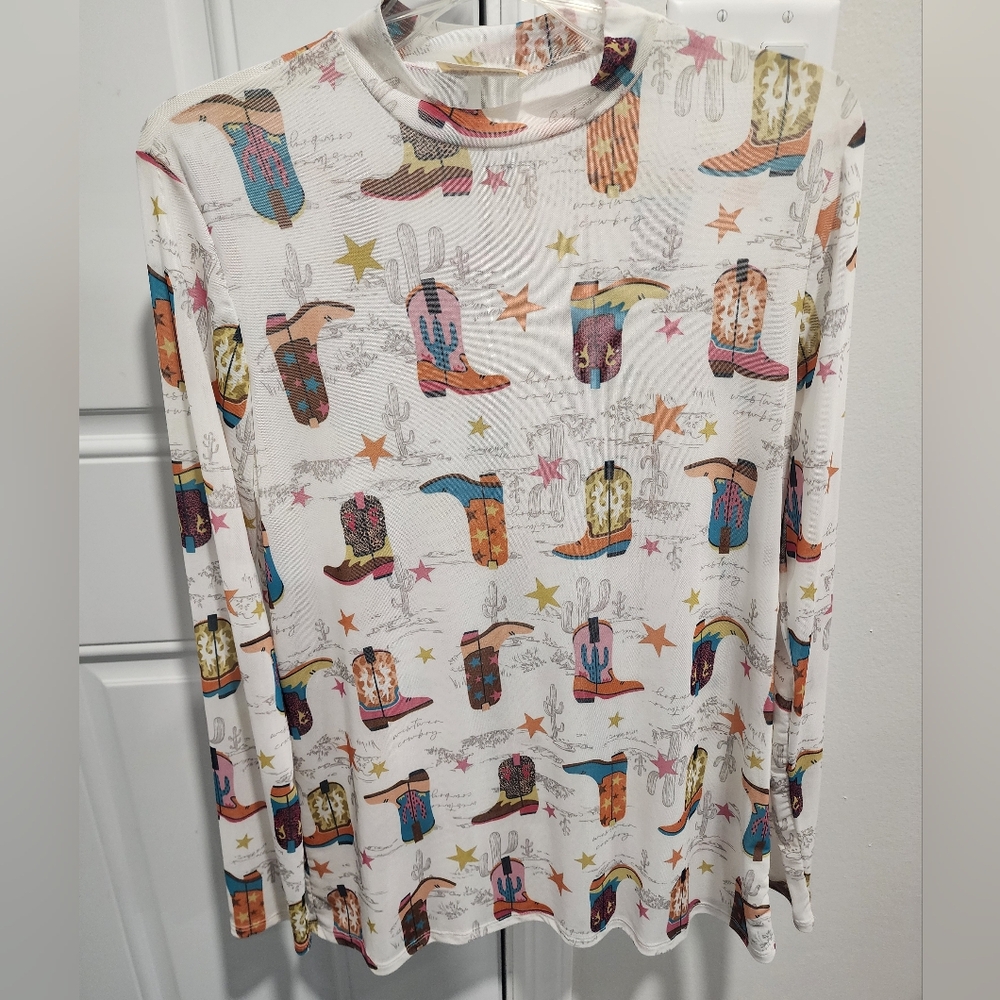 Avery Star and Boot Print Top Semi Sheer Mesh Top